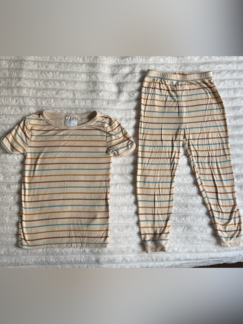 Elle Cream Tee with Teal and Rust Stripes